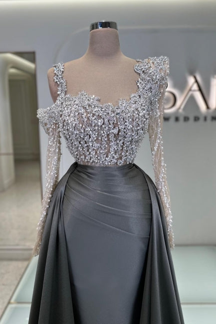 Olive Square A Line Sleeves Beaded Lace Column Panel Train Satin Formal Dress With Pearls