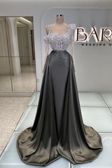 Olive Square A Line Sleeves Beaded Lace Column Panel Train Satin Formal Dress With Pearls