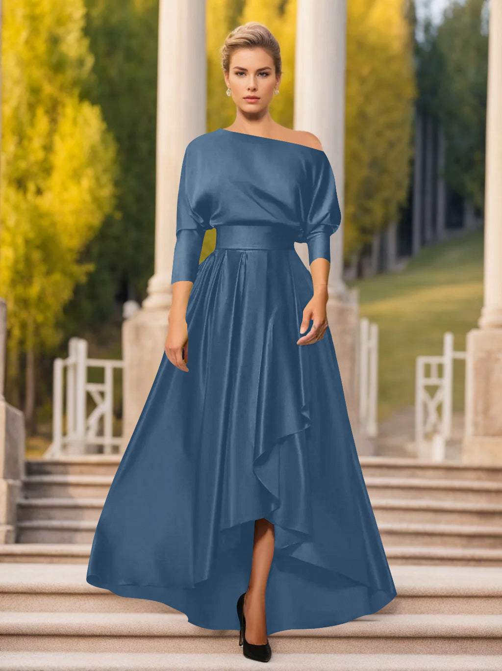 One-Shoulder A-Line Princess Dress with 3/4 Sleeves for Mothers of the Bride & Groom