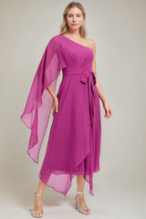 One-Shoulder A-Line Princess Dress with Asymmetrical Ruched Detail and Bow Sash for the Mother of the Bride