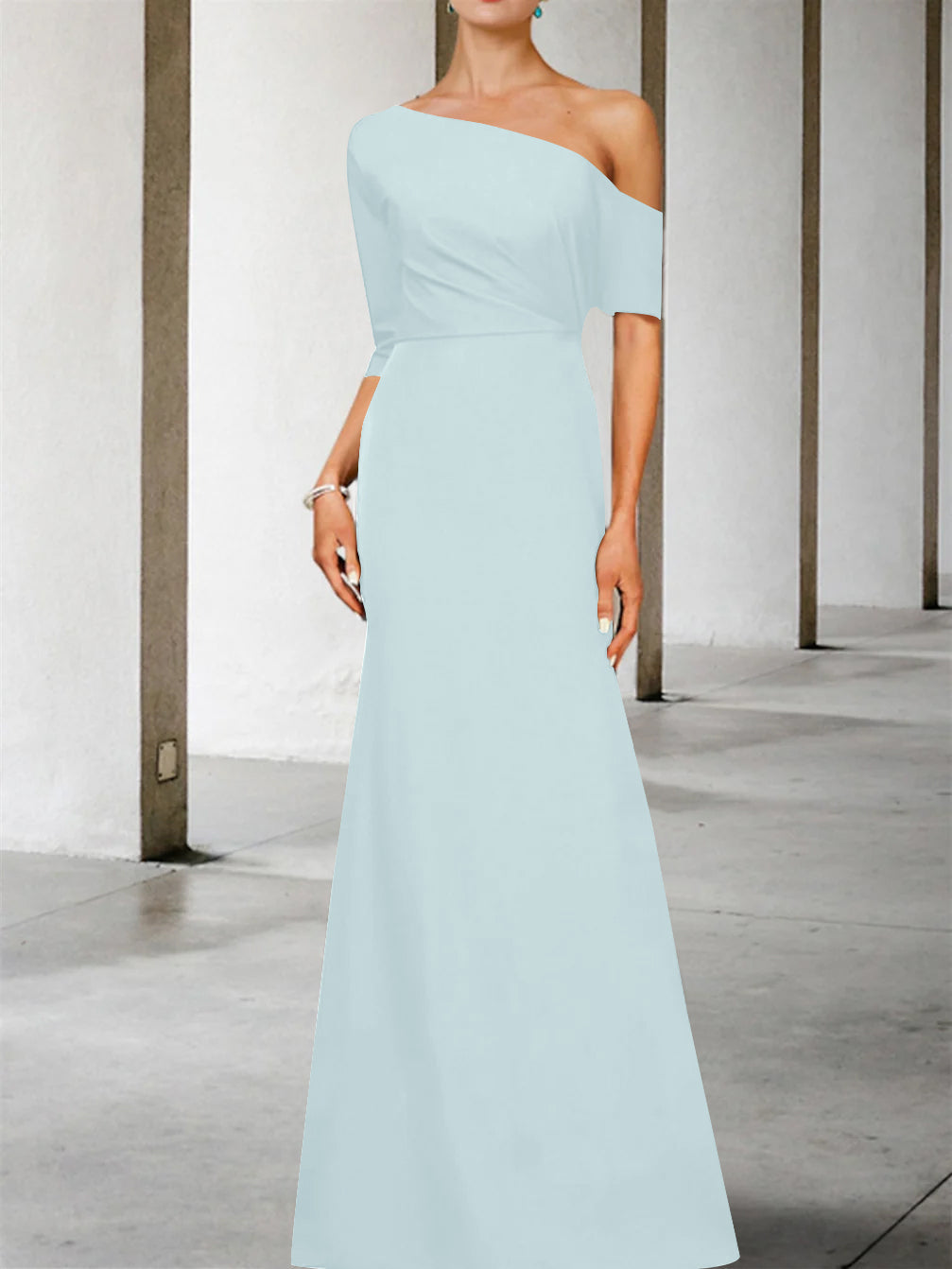 One-Shoulder A-Line Princess Gown with 3/4 Sleeves for the Mother of the Bride