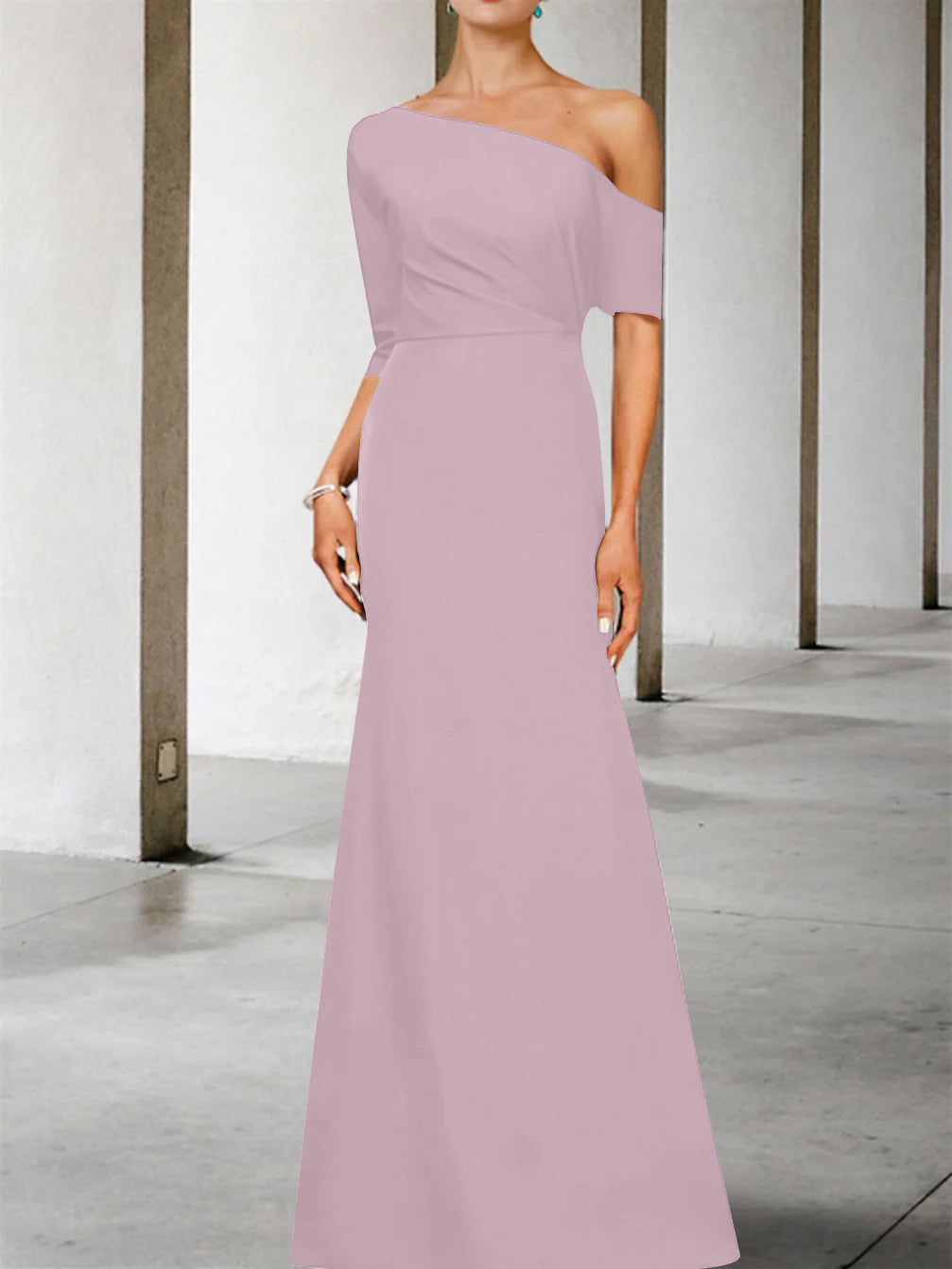 One-Shoulder A-Line Princess Gown with 3/4 Sleeves for the Mother of the Bride