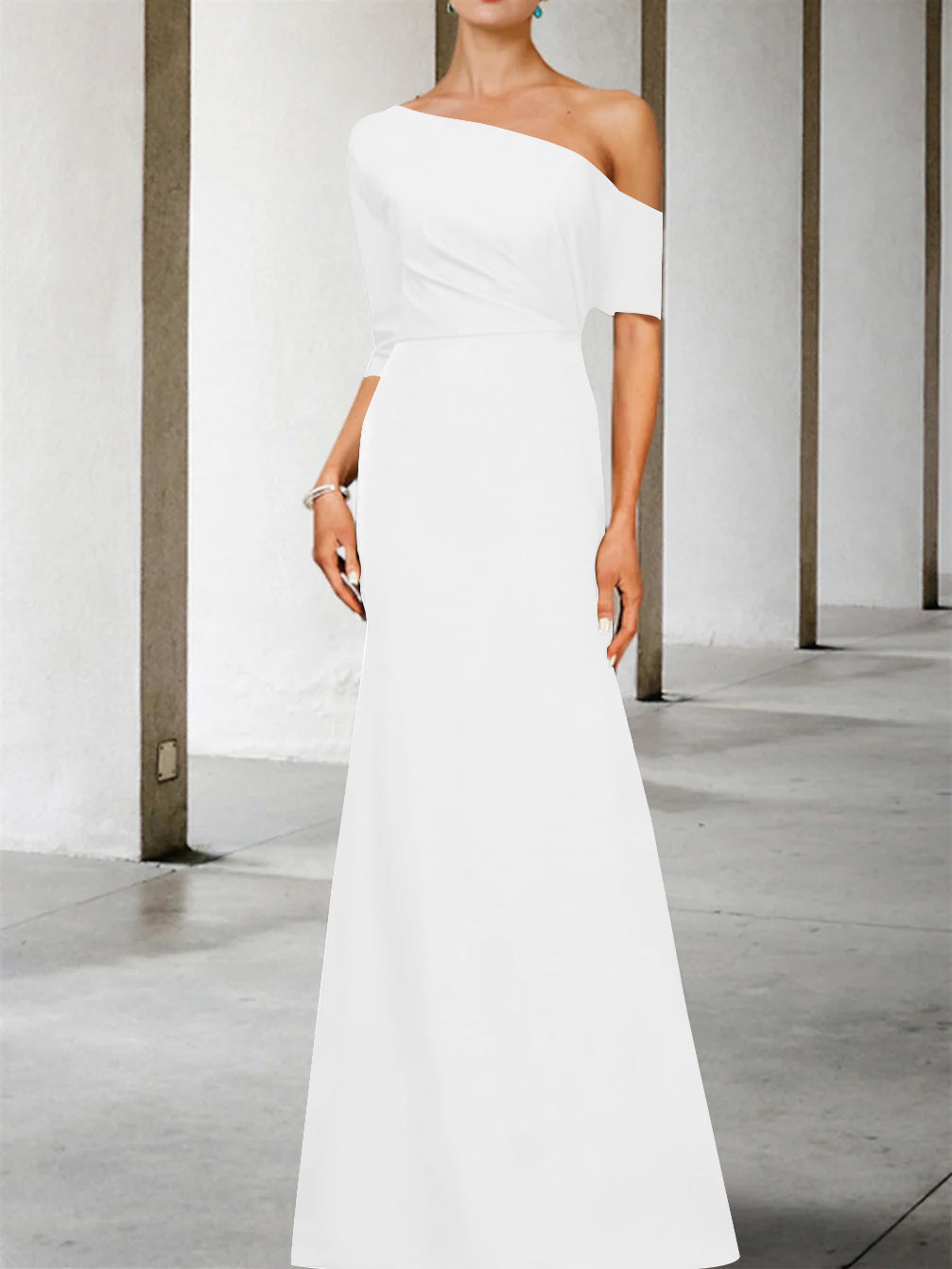One-Shoulder A-Line Princess Gown with 3/4 Sleeves for the Mother of the Bride
