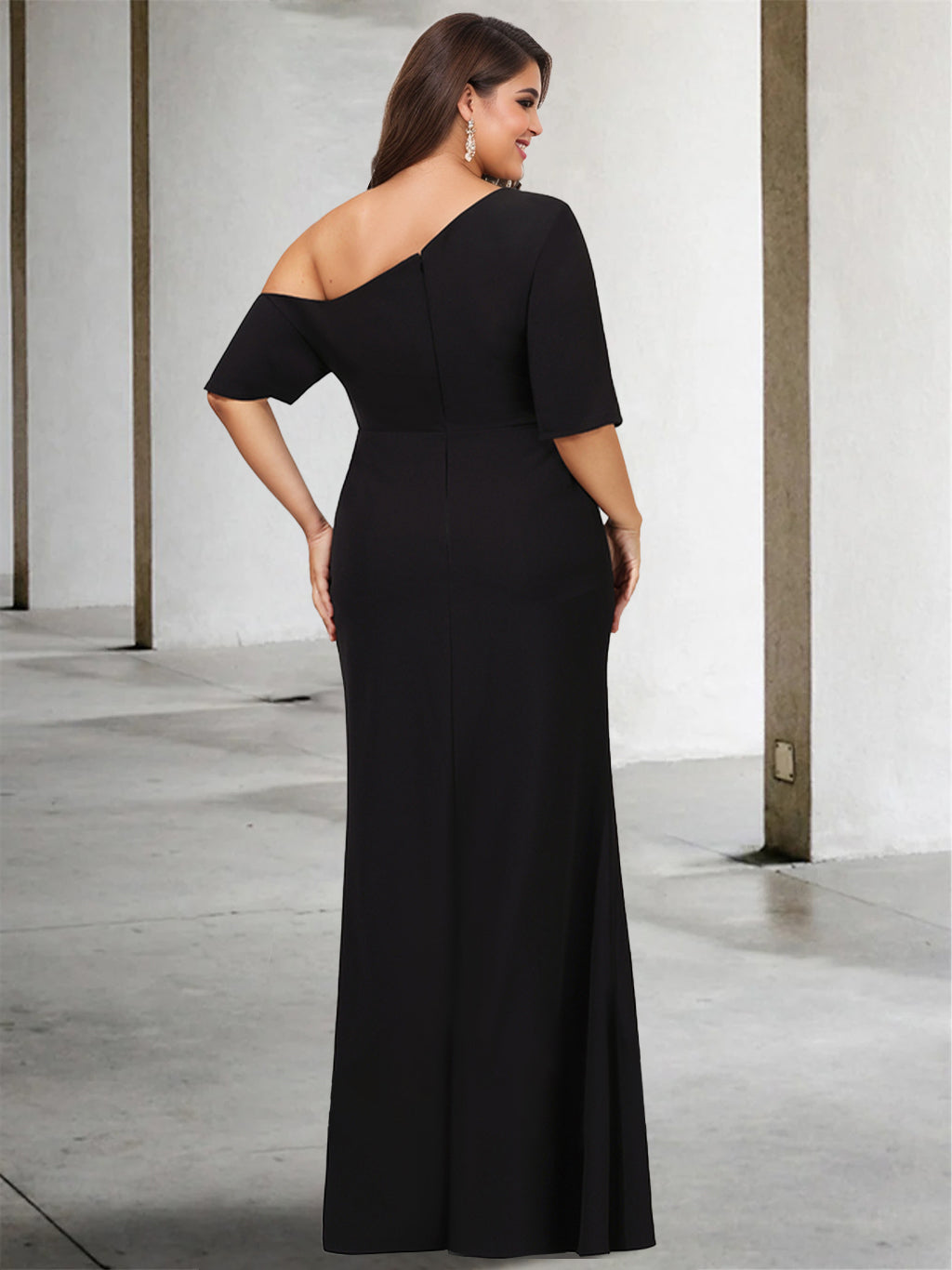 One-Shoulder A-Line Princess Gown with 3/4 Sleeves for the Mother of the Bride