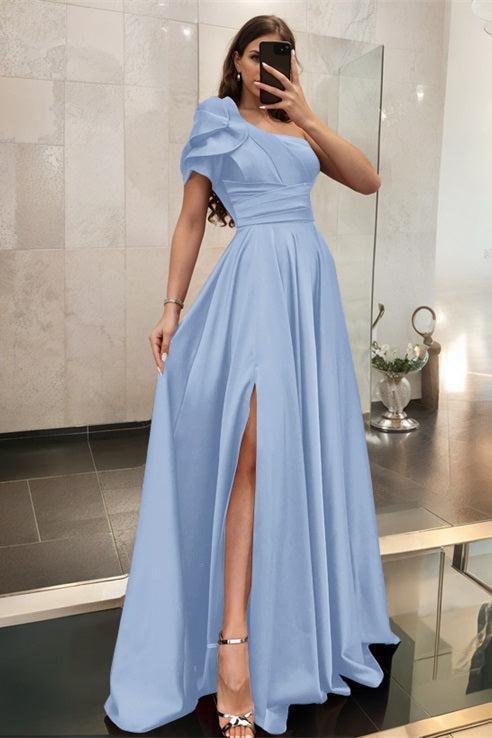One Shoulder A Line Satin Bridesmaid Dress with Ruffle Short Sleeves Sweep Train