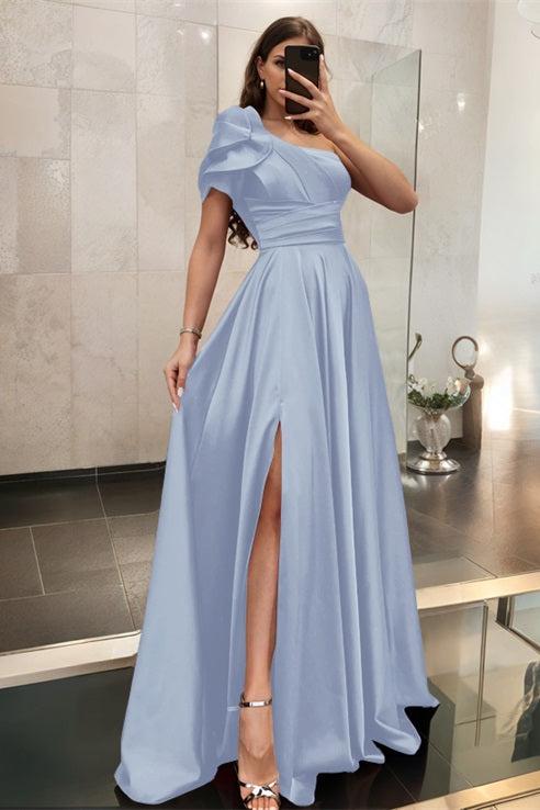 One Shoulder A Line Satin Bridesmaid Dress with Ruffle Short Sleeves Sweep Train