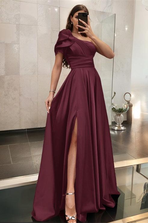 One Shoulder A Line Satin Bridesmaid Dress with Ruffle Short Sleeves Sweep Train