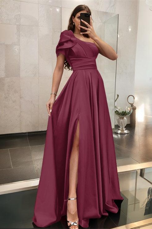 One Shoulder A Line Satin Bridesmaid Dress with Ruffle Short Sleeves Sweep Train