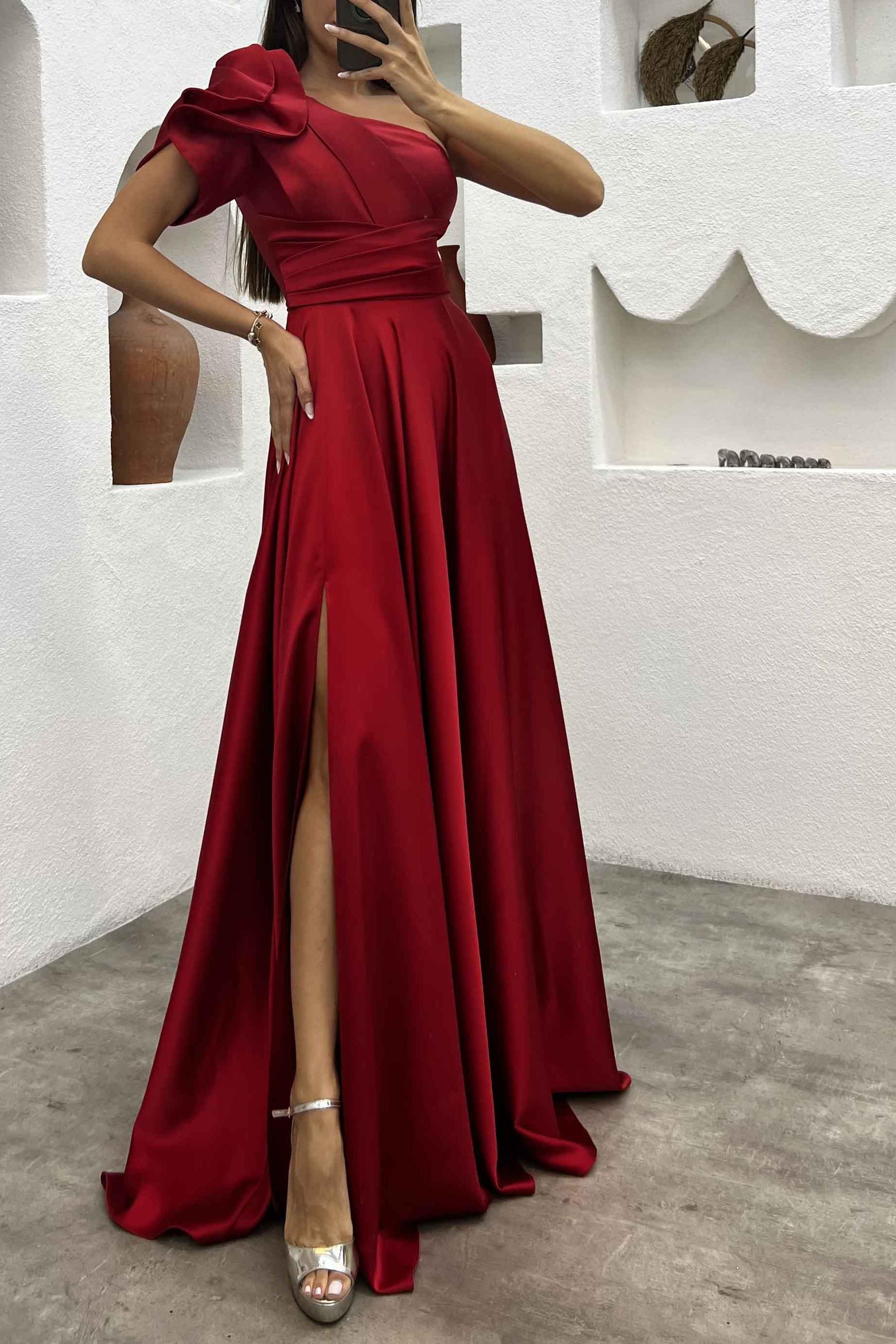 One Shoulder A Line Satin Bridesmaid Dress with Ruffle Short Sleeves Sweep Train