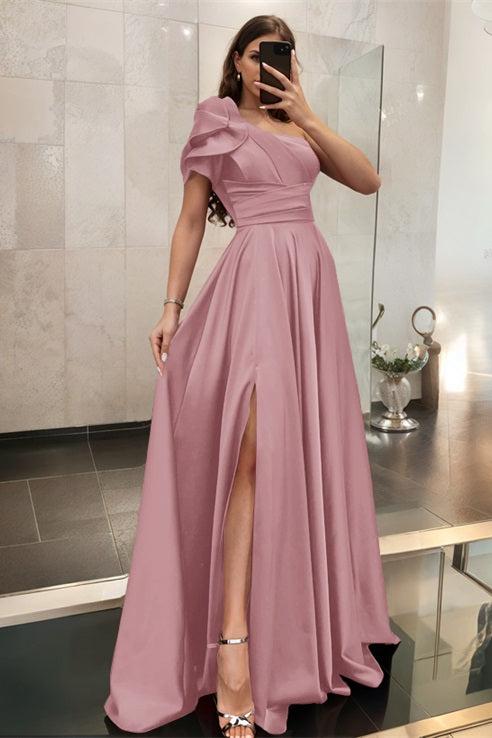 One Shoulder A Line Satin Bridesmaid Dress with Ruffle Short Sleeves Sweep Train
