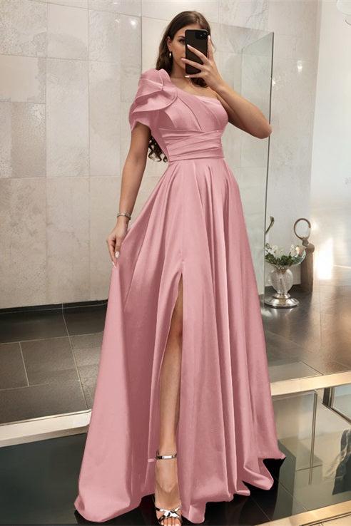 One Shoulder A Line Satin Bridesmaid Dress with Ruffle Short Sleeves Sweep Train