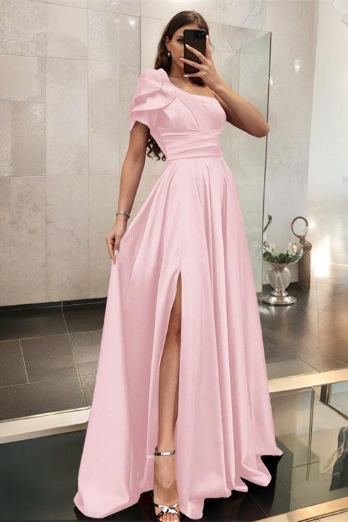 One Shoulder A Line Satin Bridesmaid Dress with Ruffle Short Sleeves Sweep Train
