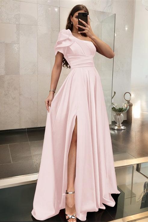 One Shoulder A Line Satin Bridesmaid Dress with Ruffle Short Sleeves Sweep Train