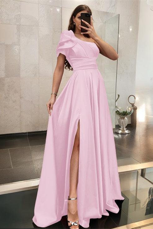 One Shoulder A Line Satin Bridesmaid Dress with Ruffle Short Sleeves Sweep Train