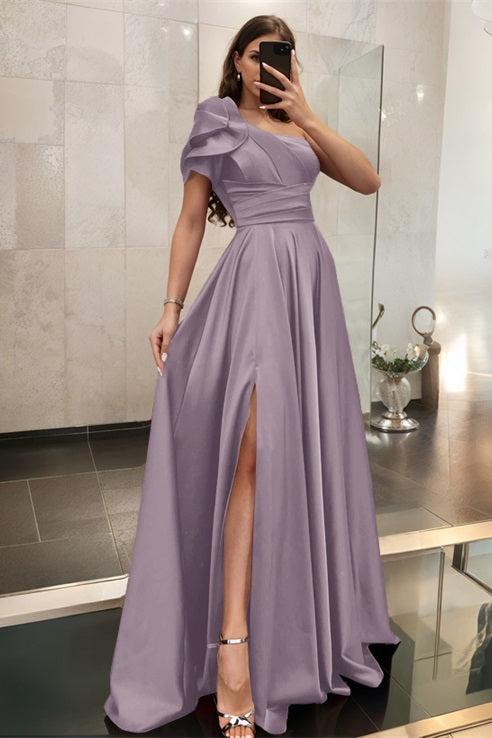 One Shoulder A Line Satin Bridesmaid Dress with Ruffle Short Sleeves Sweep Train