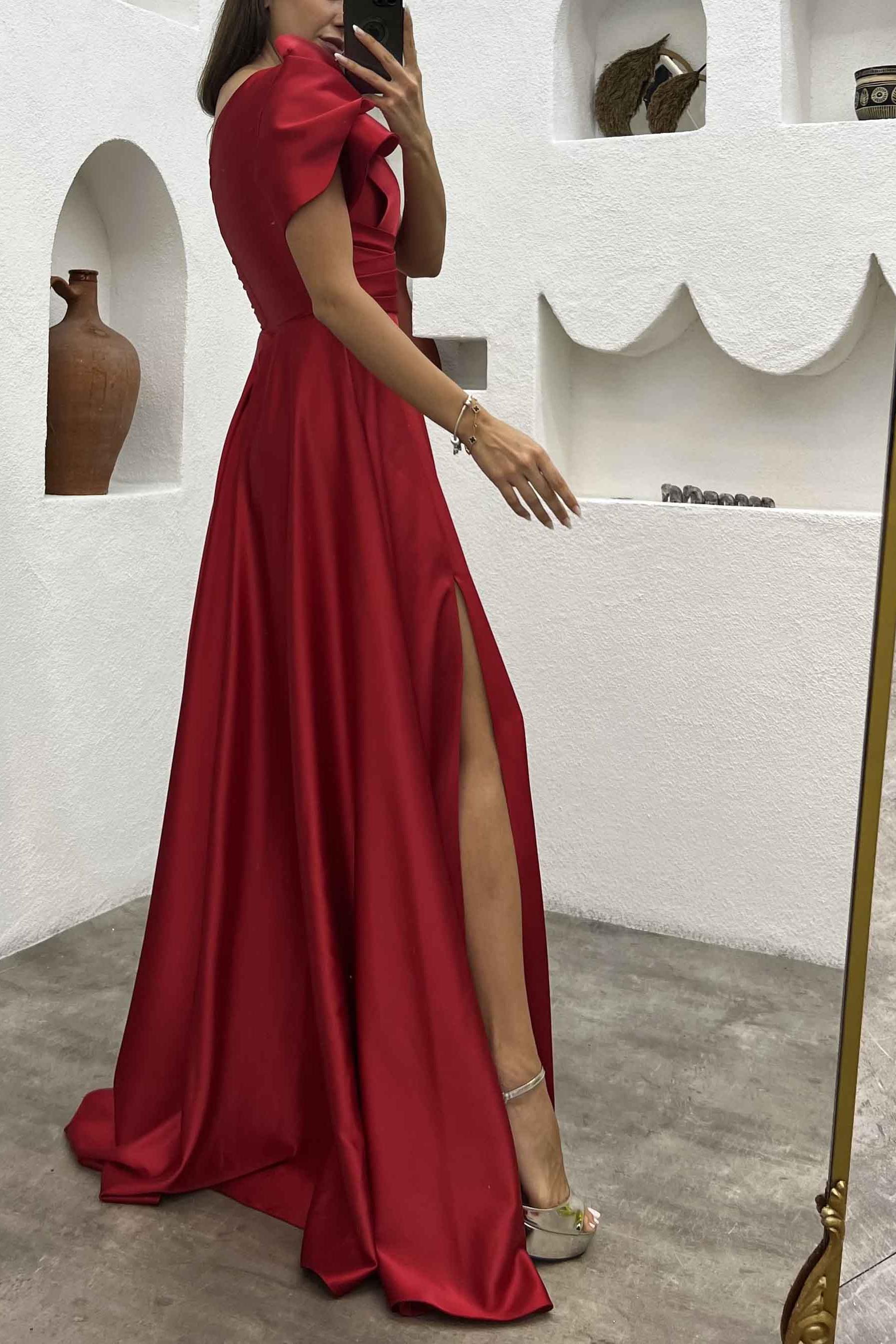 One Shoulder A Line Satin Bridesmaid Dress with Ruffle Short Sleeves Sweep Train