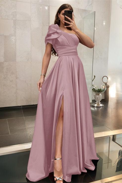 One Shoulder A Line Satin Bridesmaid Dress with Ruffle Short Sleeves Sweep Train