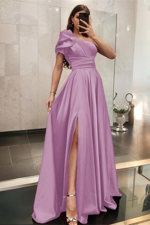 One Shoulder A Line Satin Bridesmaid Dress with Ruffle Short Sleeves Sweep Train