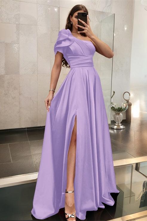One Shoulder A Line Satin Bridesmaid Dress with Ruffle Short Sleeves Sweep Train