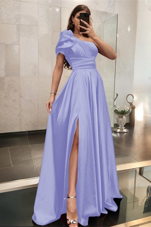 One Shoulder A Line Satin Bridesmaid Dress with Ruffle Short Sleeves Sweep Train