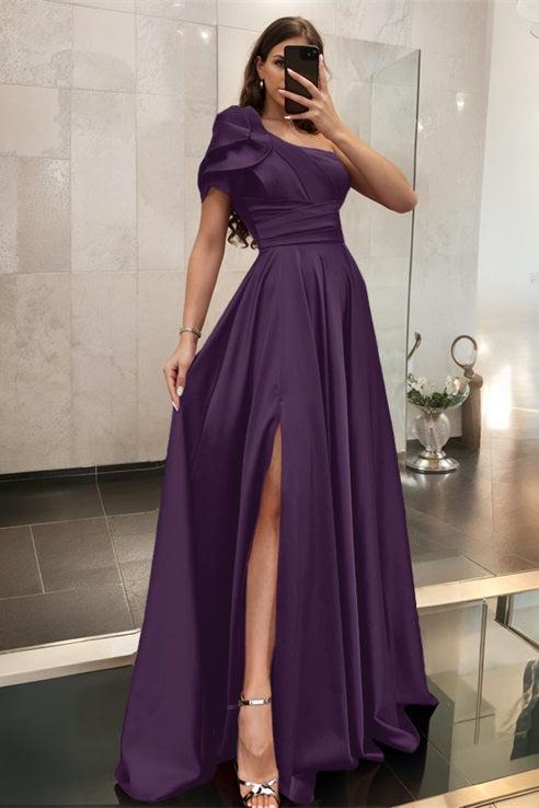 One Shoulder A Line Satin Bridesmaid Dress with Ruffle Short Sleeves Sweep Train