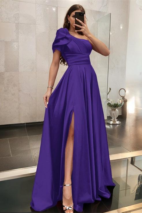 One Shoulder A Line Satin Bridesmaid Dress with Ruffle Short Sleeves Sweep Train