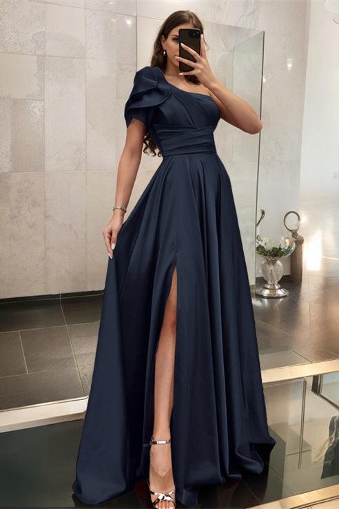 One Shoulder A Line Satin Bridesmaid Dress with Ruffle Short Sleeves Sweep Train