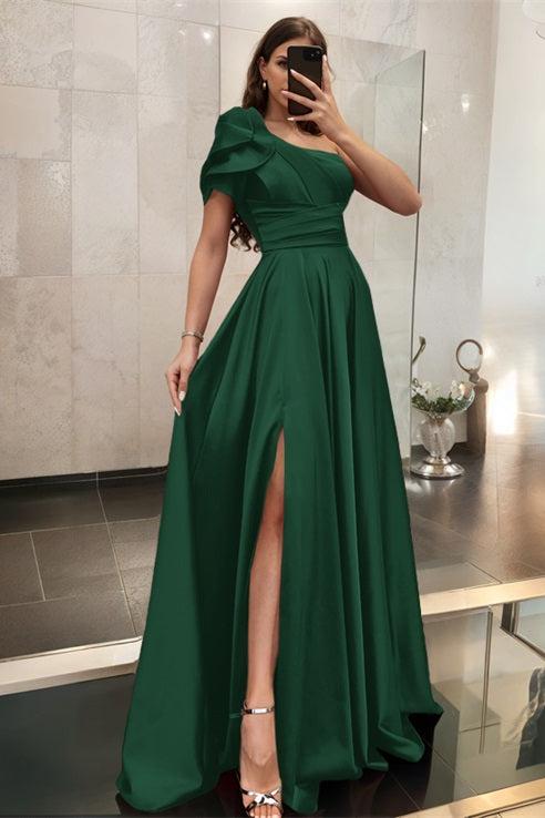 One Shoulder A Line Satin Bridesmaid Dress with Ruffle Short Sleeves Sweep Train