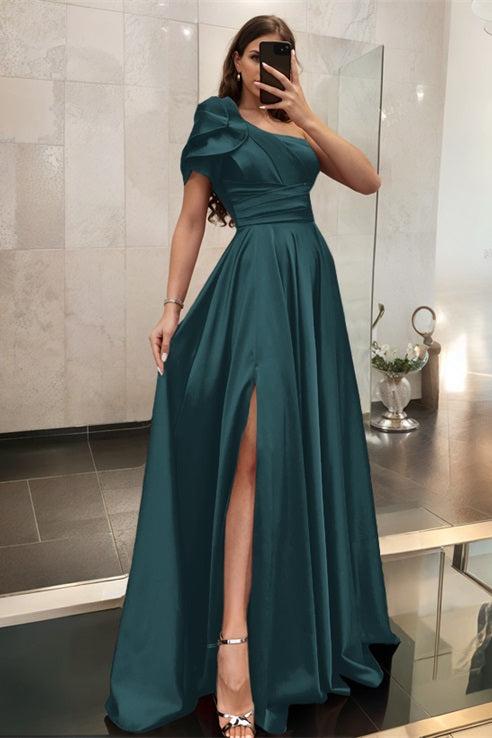 One Shoulder A Line Satin Bridesmaid Dress with Ruffle Short Sleeves Sweep Train