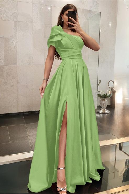 One Shoulder A Line Satin Bridesmaid Dress with Ruffle Short Sleeves Sweep Train