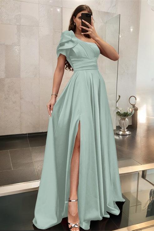 One Shoulder A Line Satin Bridesmaid Dress with Ruffle Short Sleeves Sweep Train