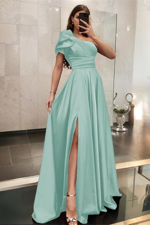 One Shoulder A Line Satin Bridesmaid Dress with Ruffle Short Sleeves Sweep Train