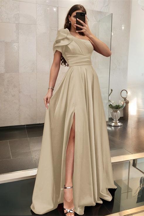 One Shoulder A Line Satin Bridesmaid Dress with Ruffle Short Sleeves Sweep Train