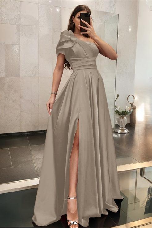 One Shoulder A Line Satin Bridesmaid Dress with Ruffle Short Sleeves Sweep Train