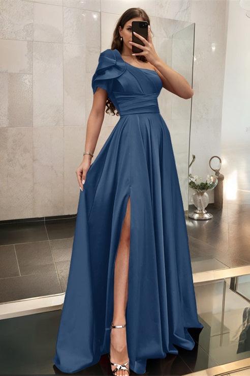 One Shoulder A Line Satin Bridesmaid Dress with Ruffle Short Sleeves Sweep Train