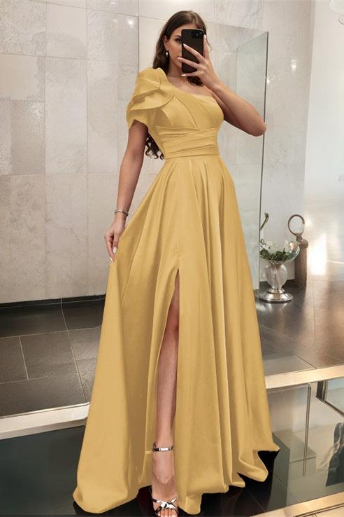 One Shoulder A Line Satin Bridesmaid Dress with Ruffle Short Sleeves Sweep Train