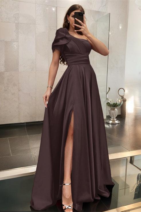 One Shoulder A Line Satin Bridesmaid Dress with Ruffle Short Sleeves Sweep Train