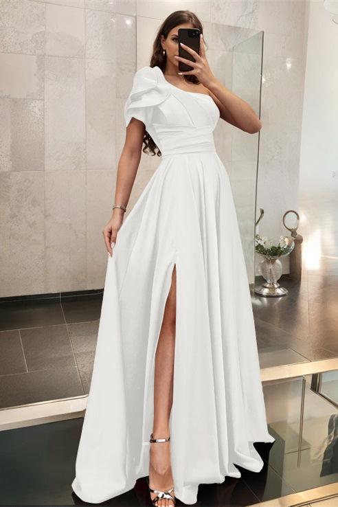 One Shoulder A Line Satin Bridesmaid Dress with Ruffle Short Sleeves Sweep Train