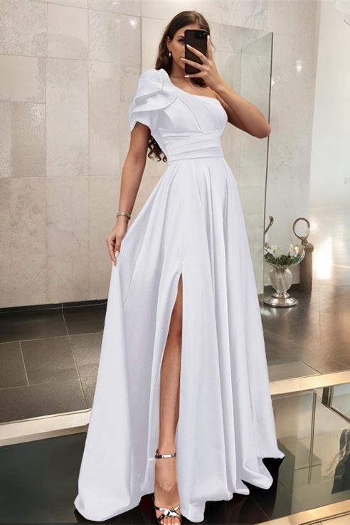One Shoulder A Line Satin Bridesmaid Dress with Ruffle Short Sleeves Sweep Train