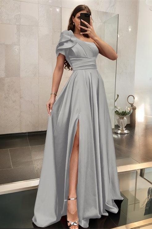 One Shoulder A Line Satin Bridesmaid Dress with Ruffle Short Sleeves Sweep Train