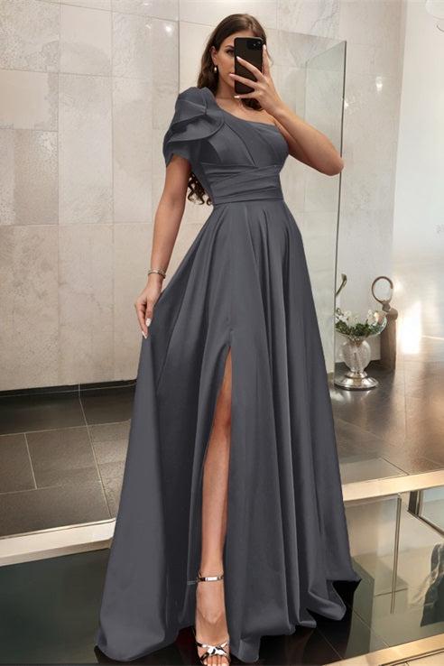 One Shoulder A Line Satin Bridesmaid Dress with Ruffle Short Sleeves Sweep Train