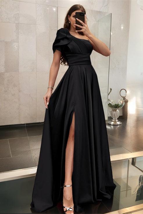 One Shoulder A Line Satin Bridesmaid Dress with Ruffle Short Sleeves Sweep Train