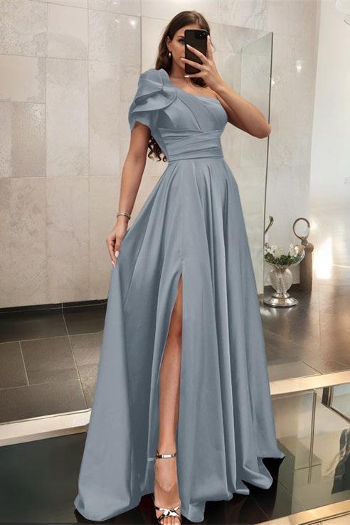 One Shoulder A Line Satin Bridesmaid Dress with Ruffle Short Sleeves Sweep Train