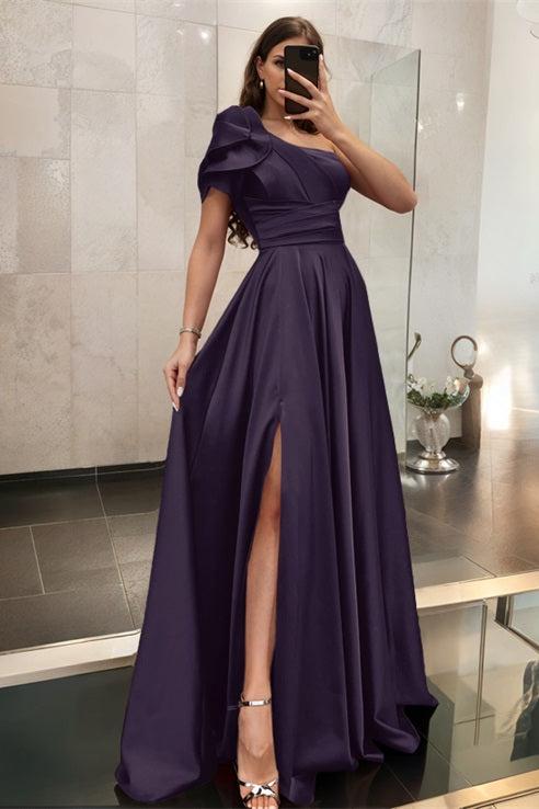 One Shoulder A Line Satin Bridesmaid Dress with Ruffle Short Sleeves Sweep Train