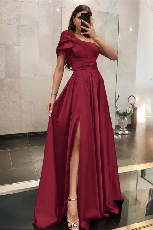One Shoulder A Line Satin Bridesmaid Dress with Ruffle Short Sleeves Sweep Train