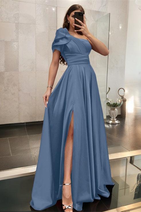 One Shoulder A Line Satin Bridesmaid Dress with Ruffle Short Sleeves Sweep Train