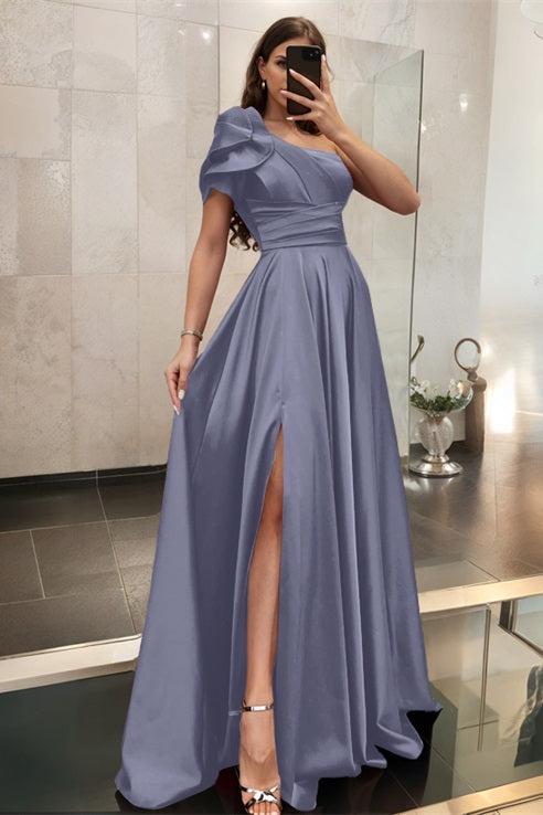 One Shoulder A Line Satin Bridesmaid Dress with Ruffle Short Sleeves Sweep Train