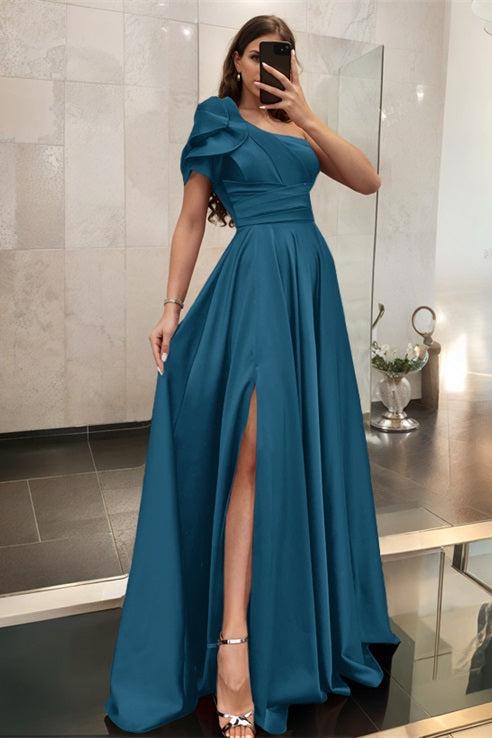 One Shoulder A Line Satin Bridesmaid Dress with Ruffle Short Sleeves Sweep Train
