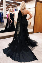 One Shoulder Black Prom Dress Tulle Cape Long Corset Formal Dress With Lace