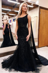 One Shoulder Black Prom Dress Tulle Cape Long Corset Formal Dress With Lace